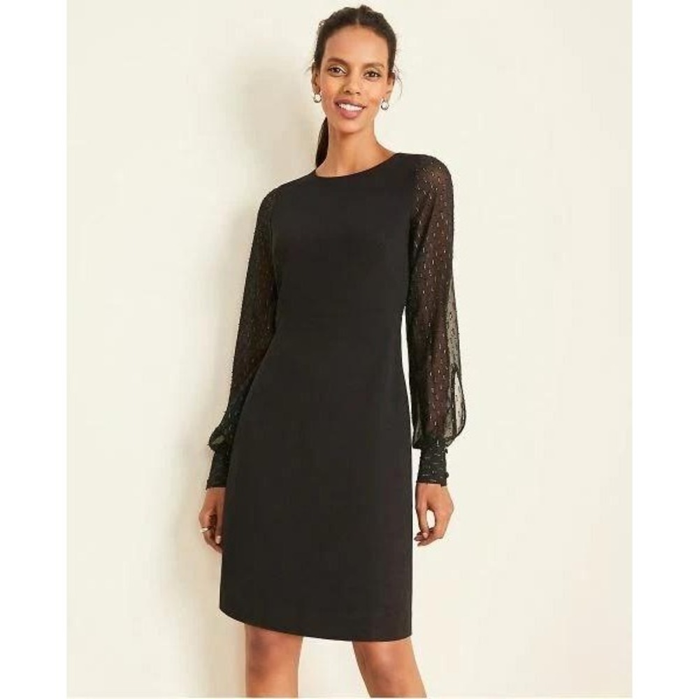 Ann Taylor Black Crepe Sheath Dress with Clip Dot Long Sleeve Petite Size 4P NEW